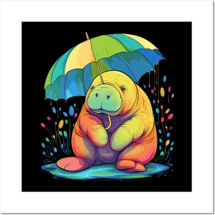 Manatee Rainy Day With Umbrella Posters and Art